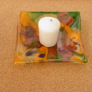 Hand Painted Fused Glass Dish,  Fused Glass  Orange Green Candle Holder Housewarming Gift