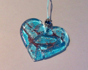 Valentine Sun Catcher - Fused Glass Heart - Blue Heart - Heart Sun Catcher - Fused Valentines Decor - Mosaic Heart - Blue Glass Heart