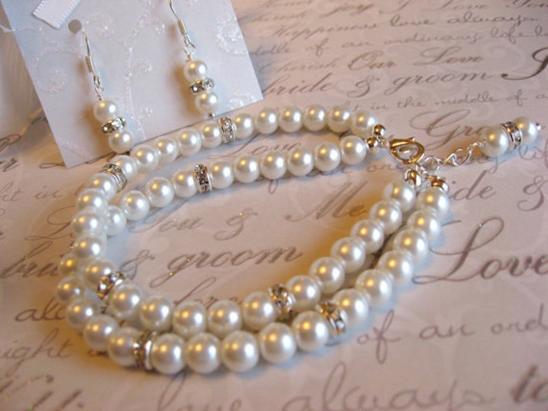 Pearl and Rhinestone Multi 2 Strand Bracelet and Earring Set Brides or Bridesmaid Jewelry SetWedding JewelryBridal Jewelry