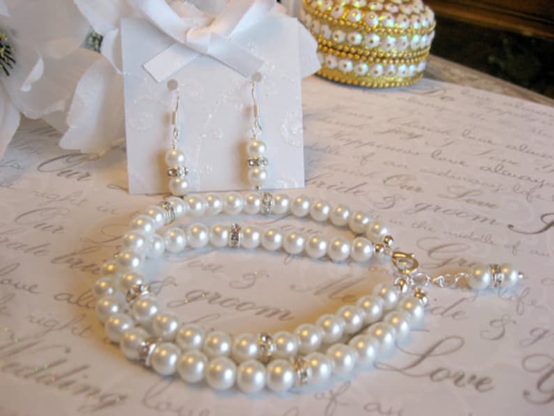 Pearl and Rhinestone Multi 2 Strand Bracelet and Earring Set Brides or Bridesmaid Jewelry SetWedding JewelryBridal Jewelry