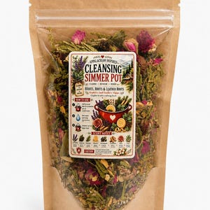 May include: A brown kraft paper pouch with a clear window containing a dried botanical blend. The label reads Appalachian Inspired Cleansing Simmer Pot, Rfoots, Roots & Leather Boots, with instructions, scent notes, and illustrations of herbs.
