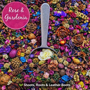 May include: A vibrant assortment of dried flowers and botanicals in shades of purple, pink, yellow, and brown, filling the frame. A silver scoop holds a white flower. The text "Rose & Gardenia" is in a pink circle, and "Shoots, Roots & Leather Boots" is at the bottom.