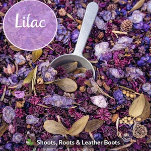 May include: A close-up of a mix of dried flowers and botanicals in shades of purple, lilac, and brown. A silver scoop is partially filled with the mix. The word "Lilac" is in a purple circle, and the text "Shoots, Roots & Leather Boots" is at the bottom.