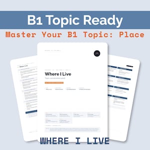 Op de afbeelding: Drie witte educatieve documentpagina's met de titels B1 Topic Ready en Master Your B1 Topic: Place. De middelste pagina bevat de kop Where I Live, een gespreksset over het onderwerp, met secties voor voorbeeldzinnen, woordenschat en fonetiek.