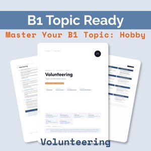 Op de afbeelding: Een B1 Topic Ready educatief document getiteld Volunteering, met een gespreksset met 8 punten, 24 voorbeeldzinnen en 22 termen met fonetiek. De witte pagina's tonen zwarte tekst en oranje accenten tegen een lichtblauwe achtergrond.