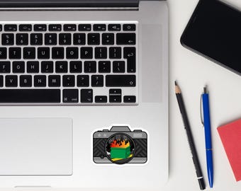 Camera Dumpster Fire Vinyl Sticker: Photojournalism Apocalypse