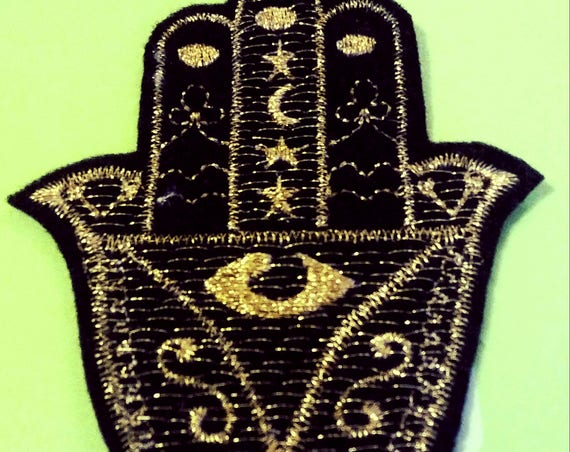 Hamsa, Chamsa, khamsa embroidered iron on patch gold and black