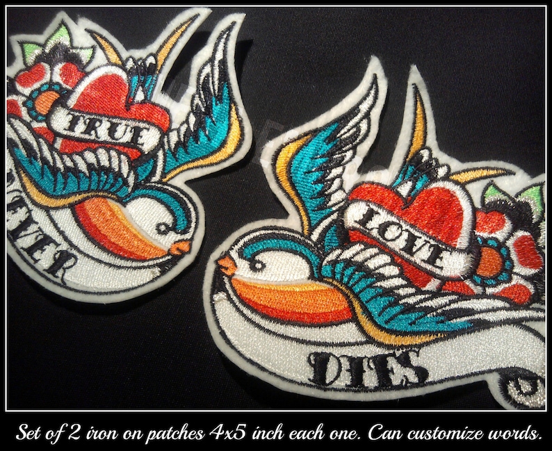 Pair of Swallow iron on patches tattoo inspired customize them imagem 3