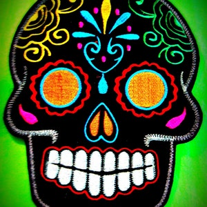 Sugar Skull embroidery patch 8X10 in. black multi orange eyes Dia de los Muertos