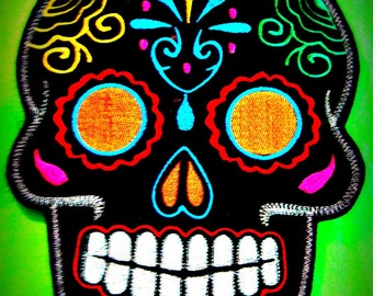 Sugar Skull embroidery patch 8X10 in. black multi orange eyes Dia de los Muertos