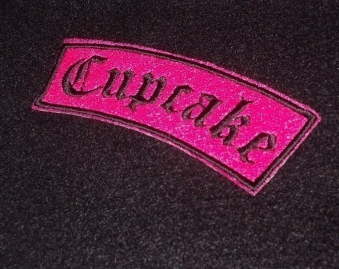 OldEnglish Cupcake or Name  Patch embroidery on pink felt with black stitches