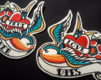 Pair of Swallow iron on patches tattoo inspired  customize them