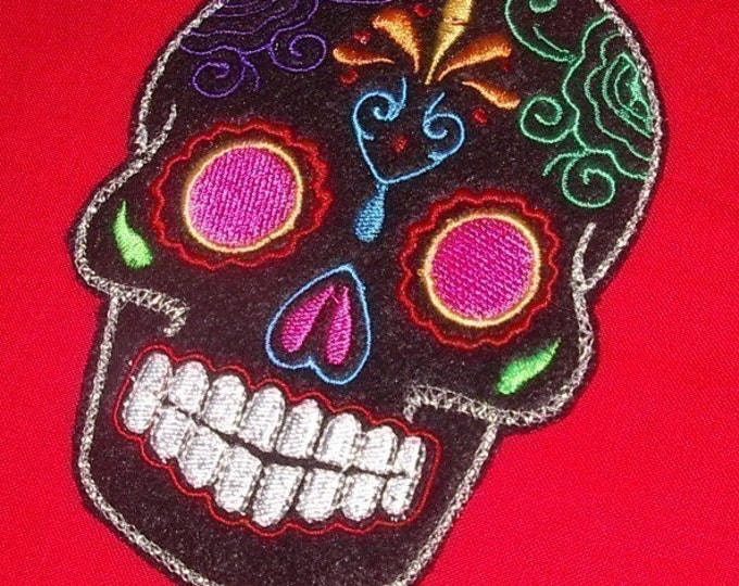 Day of the Dead, Sugar Skull EMBROIDERED black multi pink eyes Dia de los Muertos patch