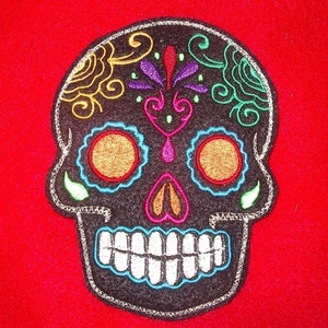 Day of the Dead, Black Sugar Skull Embroidery Patch orange eyes image 2