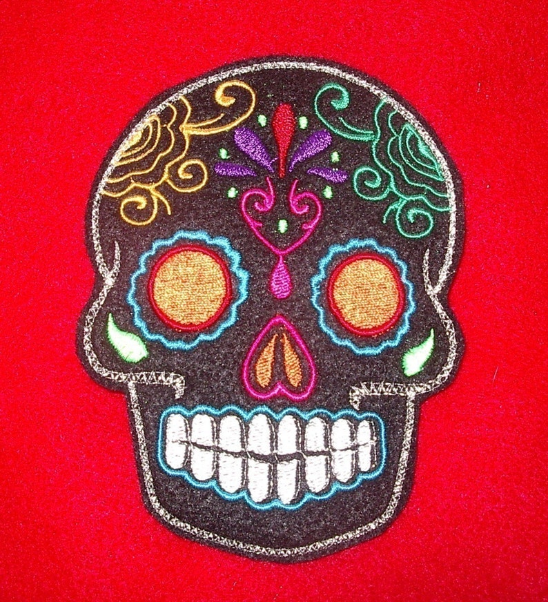 Day of the Dead, Black Sugar Skull Embroidery Patch orange eyes image 2