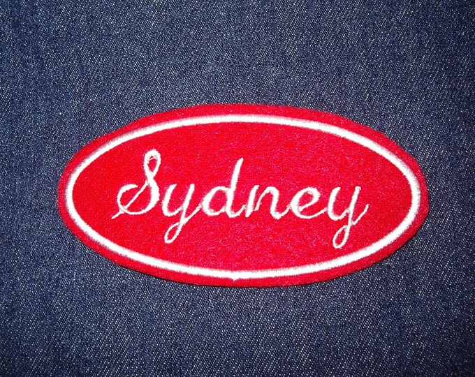 Oval Name Patch - red and white embroidery U pick any name