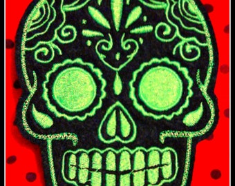 Mexican Day of the Dead Sugar Skull Patch Embroidery black and limeMexican Day of the Dead Sugar Skull Patch Embroidery black and lime