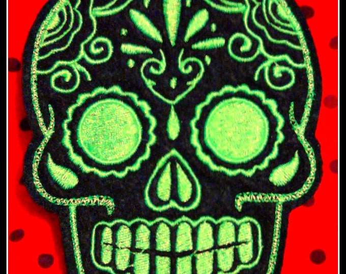 Mexican Day of the Dead Sugar Skull Patch Embroidery black and lime priority mail