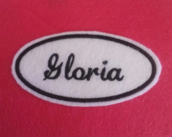 Oval Name Patch - white felt with black  embroidery