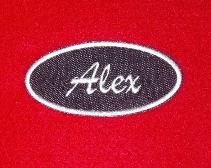 Denim oval name patch with white stitching personalized