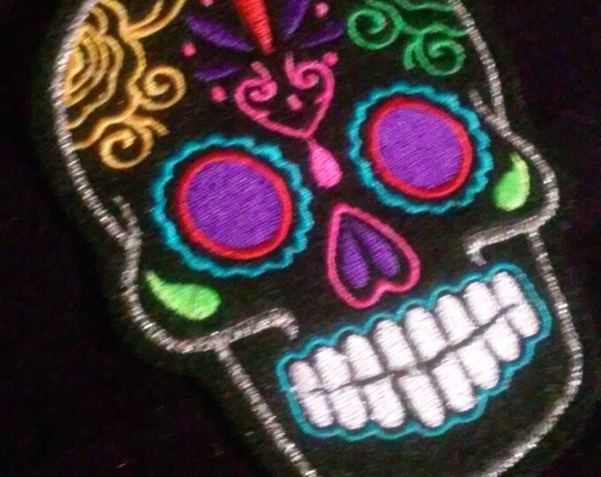 Day of the Dead, Black Sugar Skull Embroidery Patch purple eyes