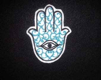 Hamsa, Chamsa, khamsa embroidered iron on patch turquoise and black