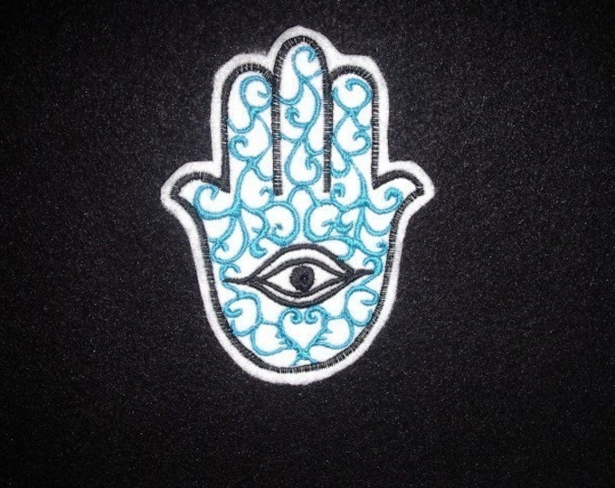 Hamsa, Chamsa, khamsa embroidered iron on patch turquoise and black