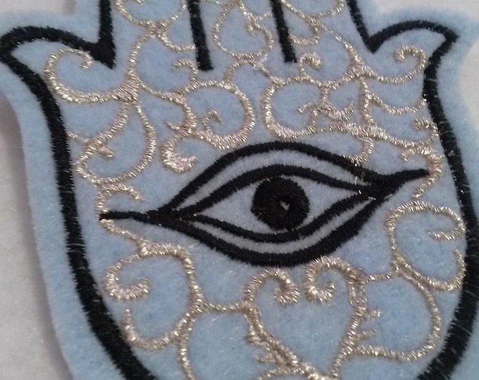 Hamsa, Chamsa, khamsa embroidered iron on patch silver and black