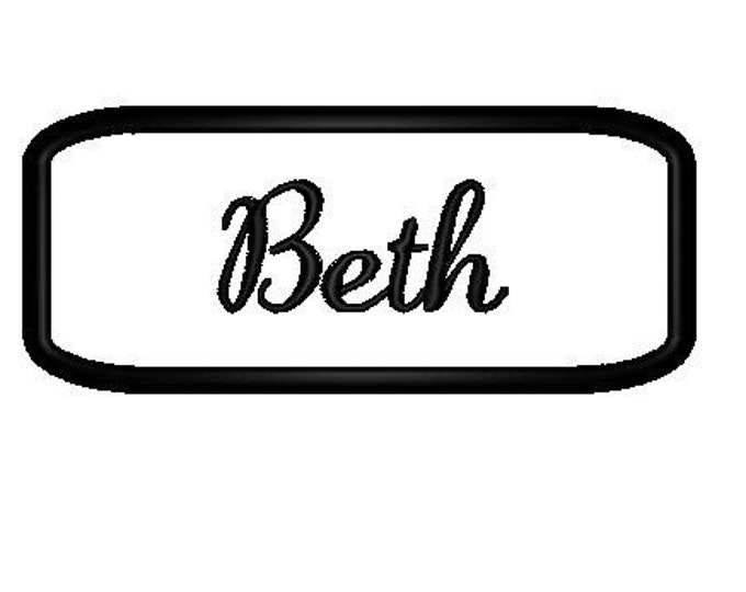 Embroidered  felt  Name Patch with black stitching on white.