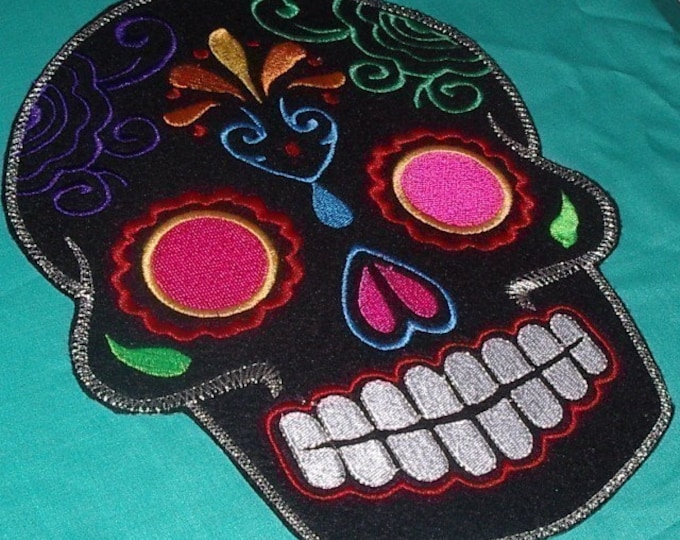 Sugar Skull embroidery patch 8X10 in. black multi pink eyes Dia de los Muertos