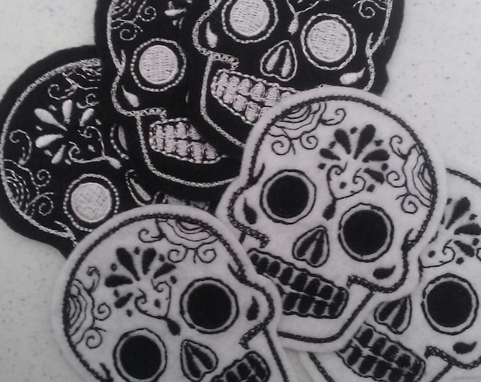 Mini Mexican Sugar Skull embroidery 6 piece patch set black and white felt 2inX3in