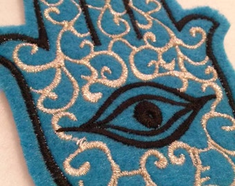 Hamsa, Chamsa, khamsa embroidered iron on patch turquoise and black