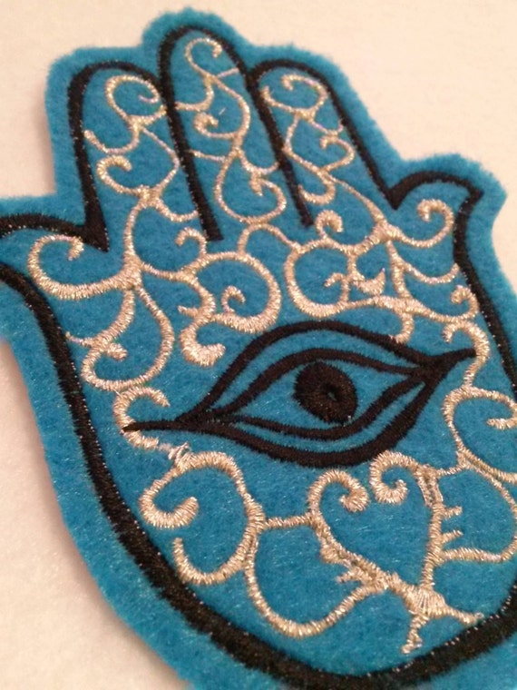 Hamsa, Chamsa, khamsa embroidered iron on patch turquoise and black