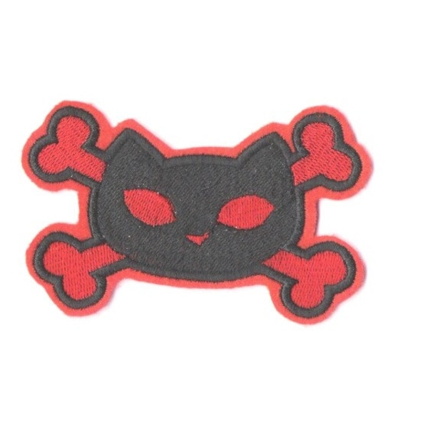 Bad Kitty and Cross bones embroidered iron on patch red and black