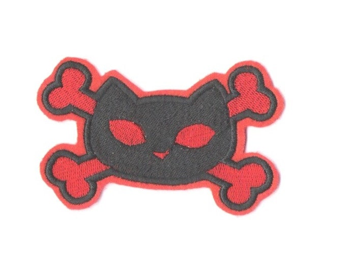 Bad Kitty and Cross bones embroidered iron on patch red and black