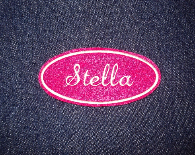 Oval Name Patch - hot pink with white embroidery