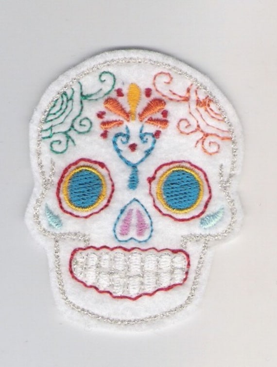Mini Mexican Sugar Skull embroidery patch blue eyes white