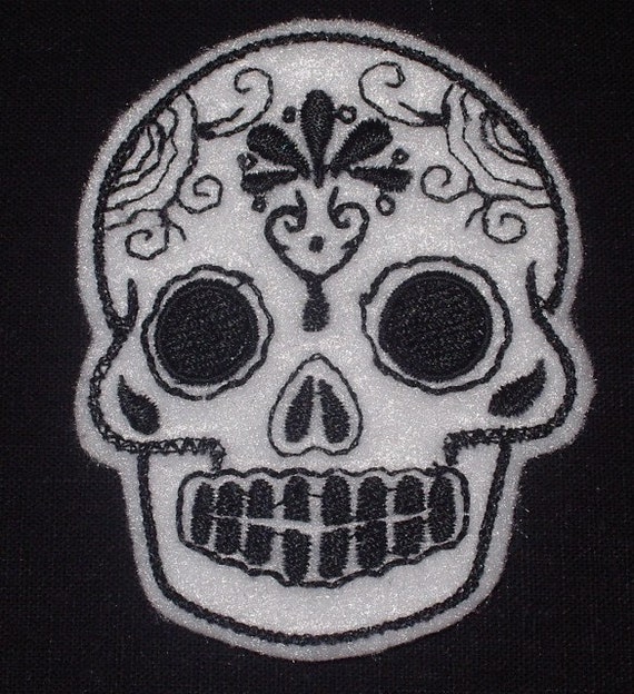 Mexican Day of the Dead Sugar Skull Patch Embroidery black and limeMini white with black Mexican Sugar Skull embroidery patch