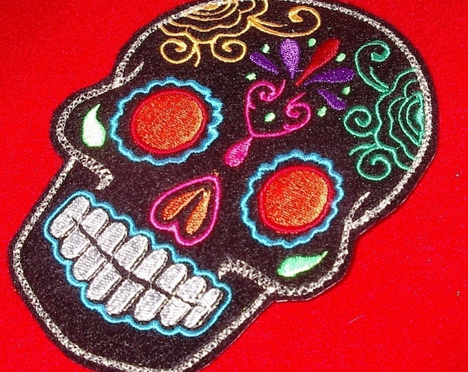 Day of the Dead, Black Sugar Skull Embroidery Patch orange eyes 5x7 inch