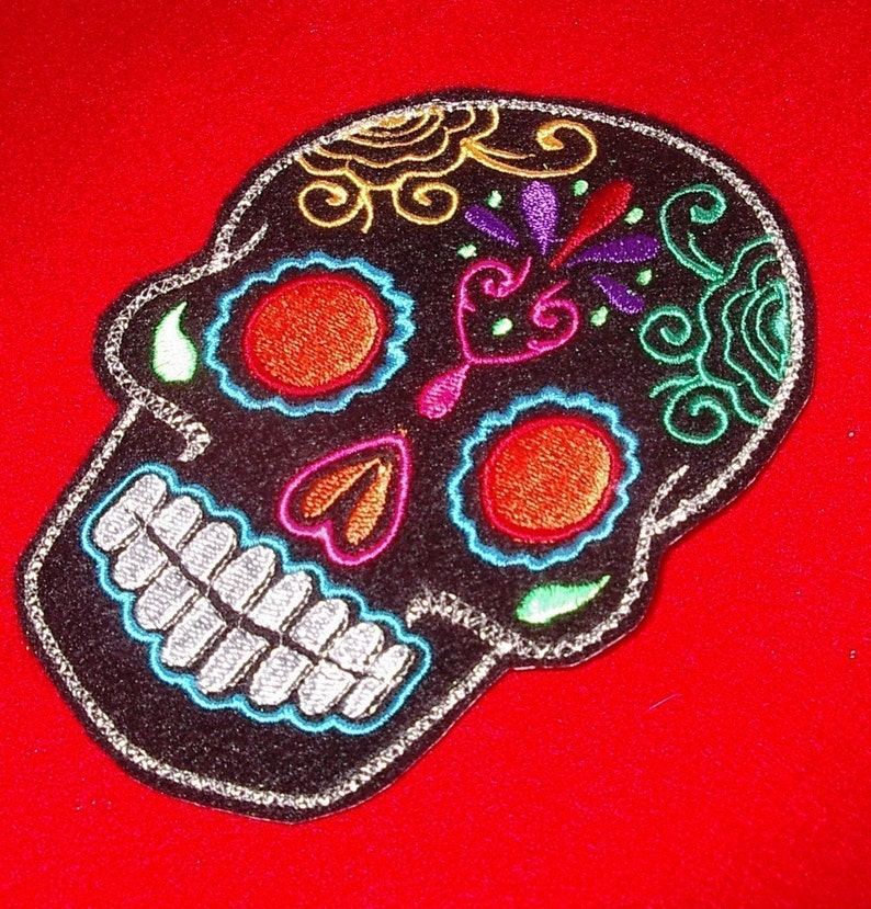 Day of the Dead, Black Sugar Skull Embroidery Patch orange eyes image 1