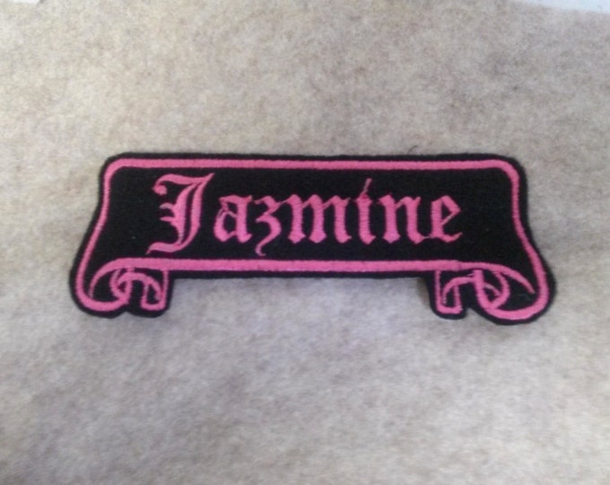 Old english  Name Patch scroll banner black felt with hot pink stitching