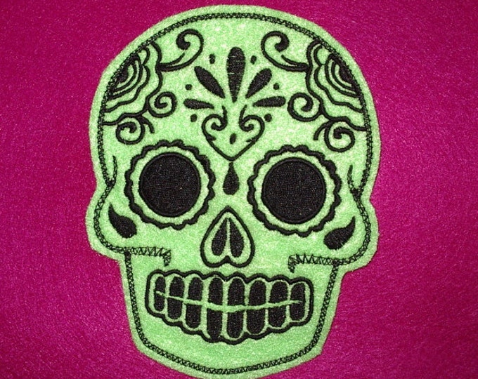 Mexican Day of the Dead Sugar Skull Patch Embroidery lime and black