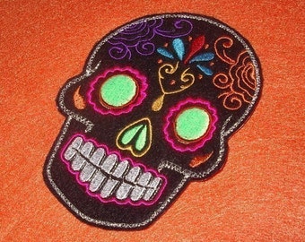 Tag der Toten, Sugar Skull Stickerei Aufnäher grüne Augen