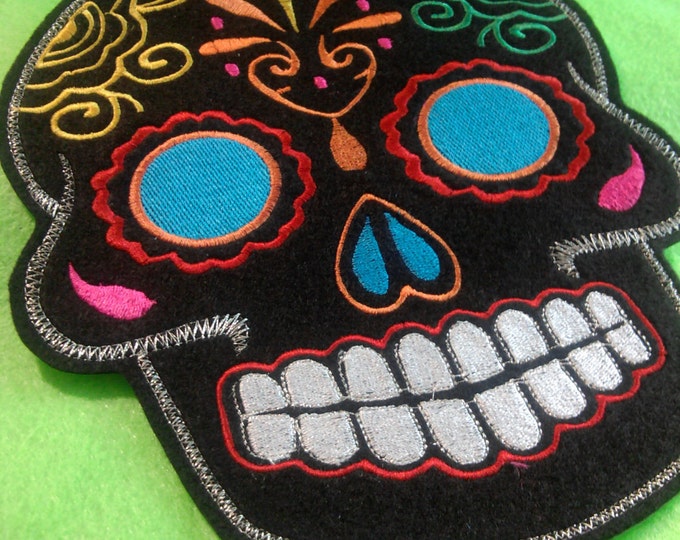 Sugar Skull embroidery patch 8X10 in. black multi turquoise blue eyes Dia de los Muertos