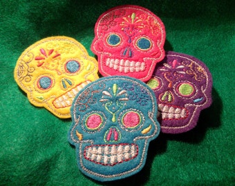 Mini Mexican Sugar Skull embroidery 4 piece patch set multi colors felt 2inX3in