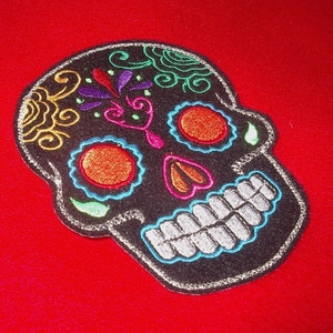 Day of the Dead, Black Sugar Skull Embroidery Patch orange eyes image 3