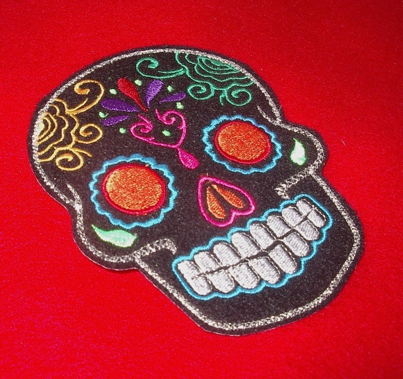 Day of the Dead, Black Sugar Skull Embroidery Patch orange eyes image 3