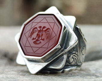 Double-headed Eagle Carved Agate, Establishment Osman Bey Series Ring, Ottoman Ring, Turkish Made Ring, Father's Day Gift, Gift for him
