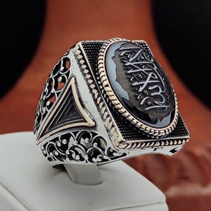 La Galibe illAllah Arabic &quot;There is no victor except Allah&quot; is engraved on the Hematite Stone. 925 Silver Men&#39;s Ring, Father&#39;s Day Gift