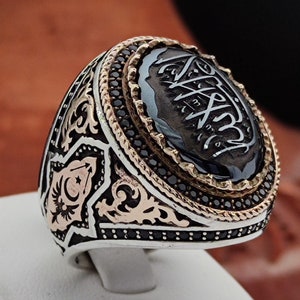 La Galibe illAllah Arabic &quot;There is no victor except Allah&quot; is engraved on the Hematite Stone. 925 Silver Men&#39;s Ring, Father&#39;s Day Gift